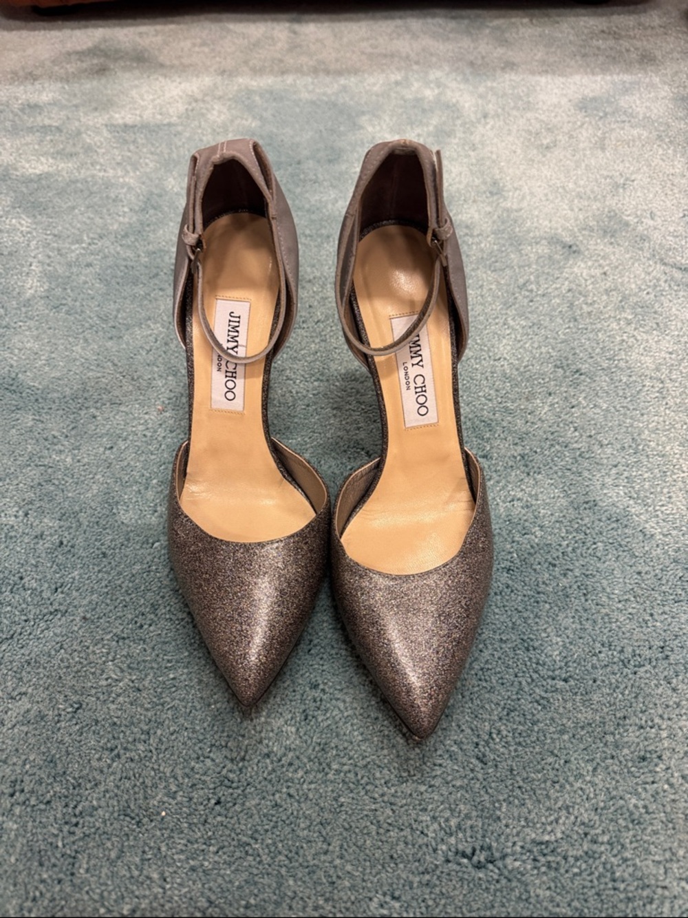 Jimmy Choo Silver Glitter Pointed-Toe Ankle-Strap Pumps